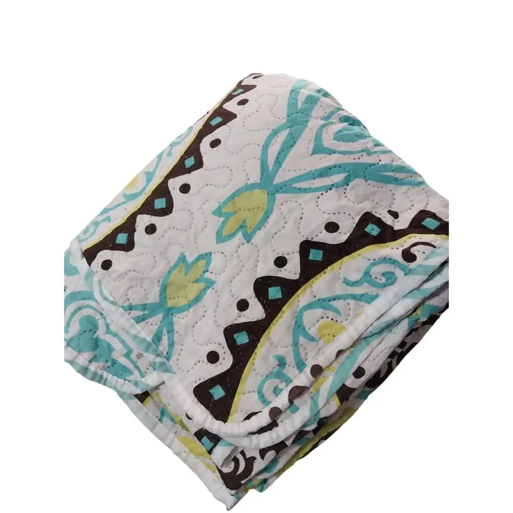 SPIRIT LINEN! WHITE W/YELLOW, AQUA & BROWN MANDALA QUILT & 2 SHAMS! SZ QN